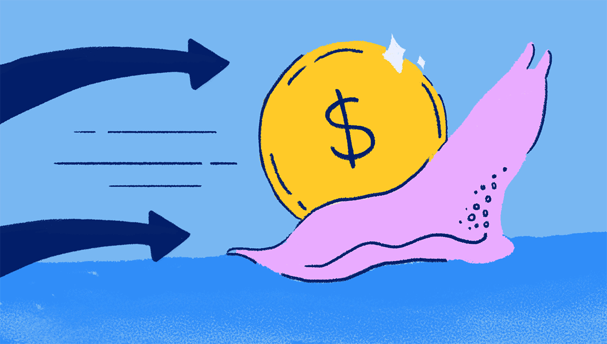A pink snail with a golden, sparkling coin instead of a shell.