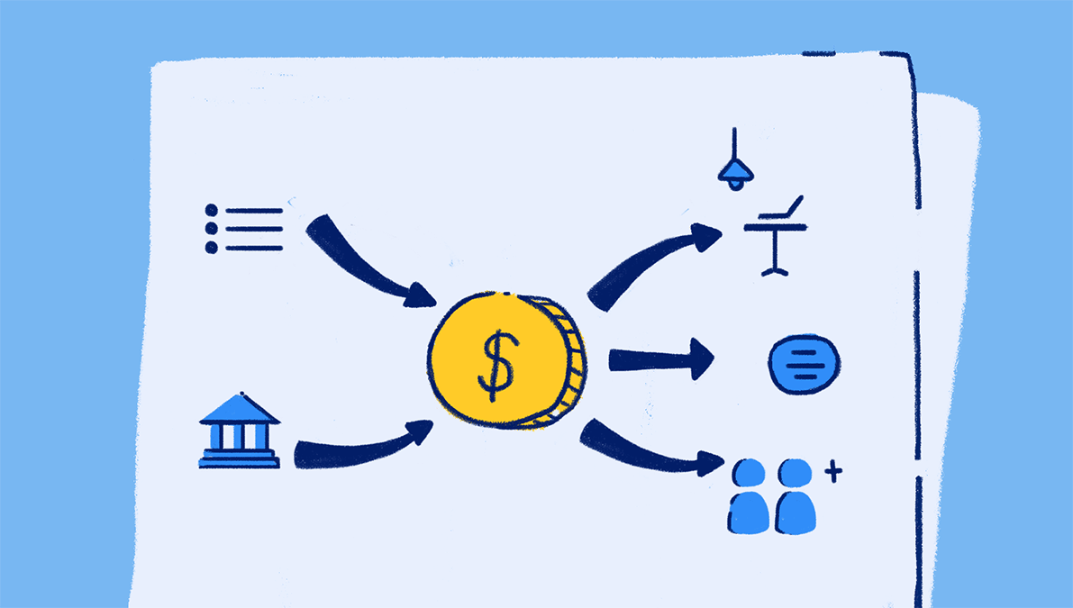 A golden coin in the centre of a document. A bullet list and an icon of a graph point toward the coin. Three arrows point away from the coin, leading to a graphic of a home office, text message, and people connecting.